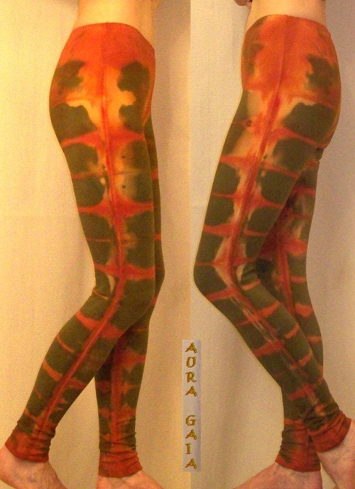 SALE Shibori Leggings Artfully Hand Dyed in Rust & Olive, cotton w lycra, 22-28" waist size XS Extra Small Womens