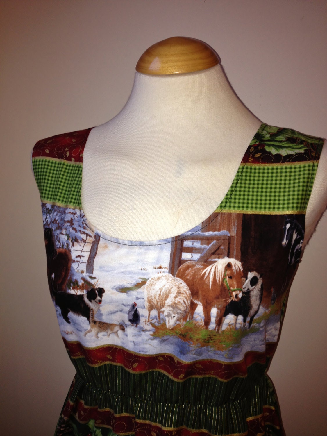 SALE...Christmas Animal Horse Pine Cone Floral Holly and Berry Dress / Handmade / XS S