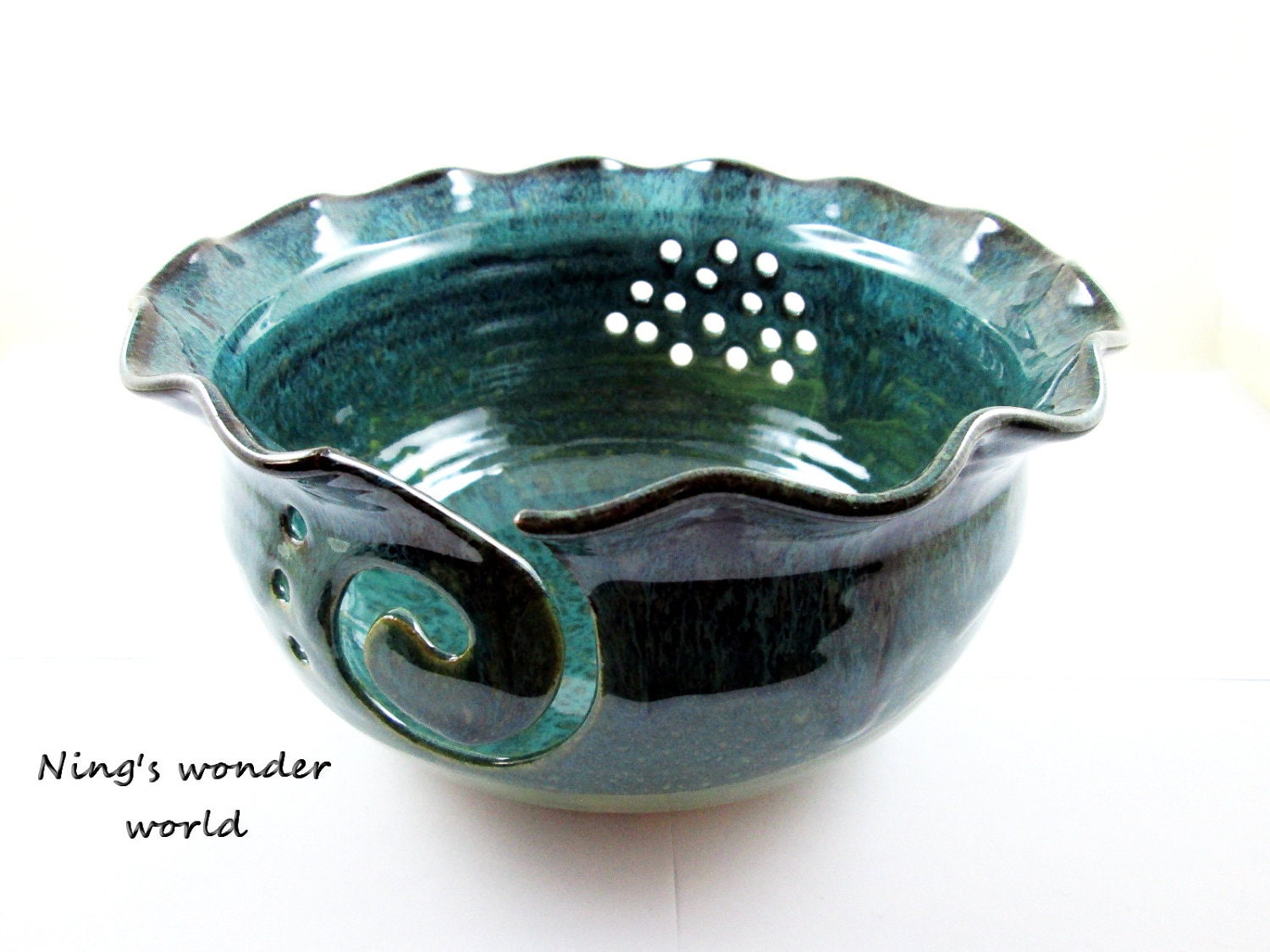 Pottery Yarn Bowl in green and blue glazes with tree design (IN STOCK No.31)