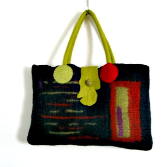 Felted Bag Purse Handmade Dark Blue Olive Red