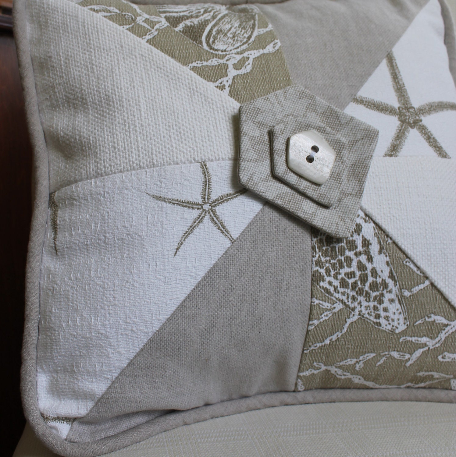 Handmade Beach Pinwheel Patchwork Throw Pillow with Starfish and Shell Button