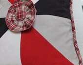 Handmade Red and Chocolate Brown Pinwheel Patchwork Throw Pillow with Handmade Coordinating Button and Ruffle