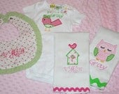 Owl Bird Bird House - 4 Piece Set in Pink - Onesie 2-Burp Cloths and Bib for Girl