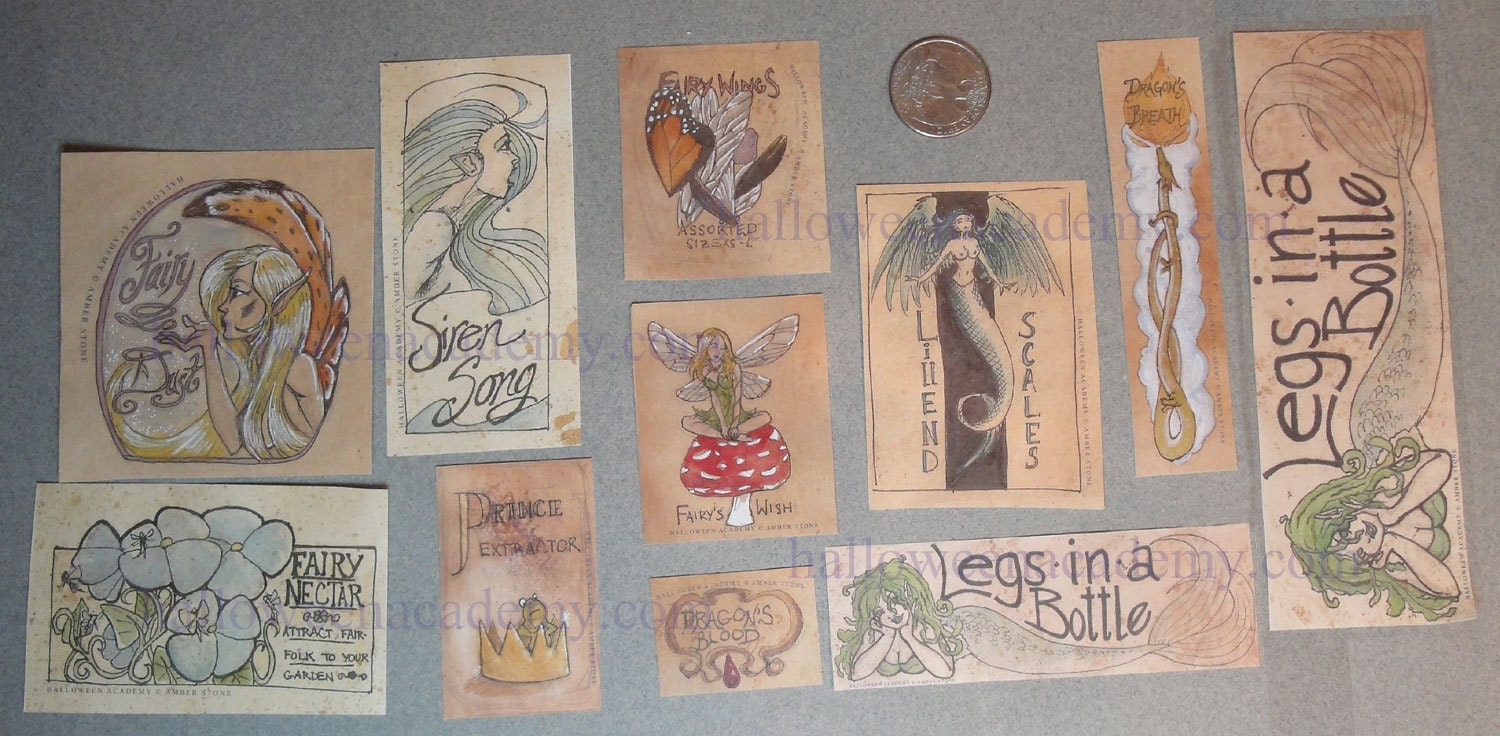 Fantasy Label Set Halloween Novelty Bottle. Fairy. Great for props, decor, cosplay. Recycle or upcycle your old bottles.