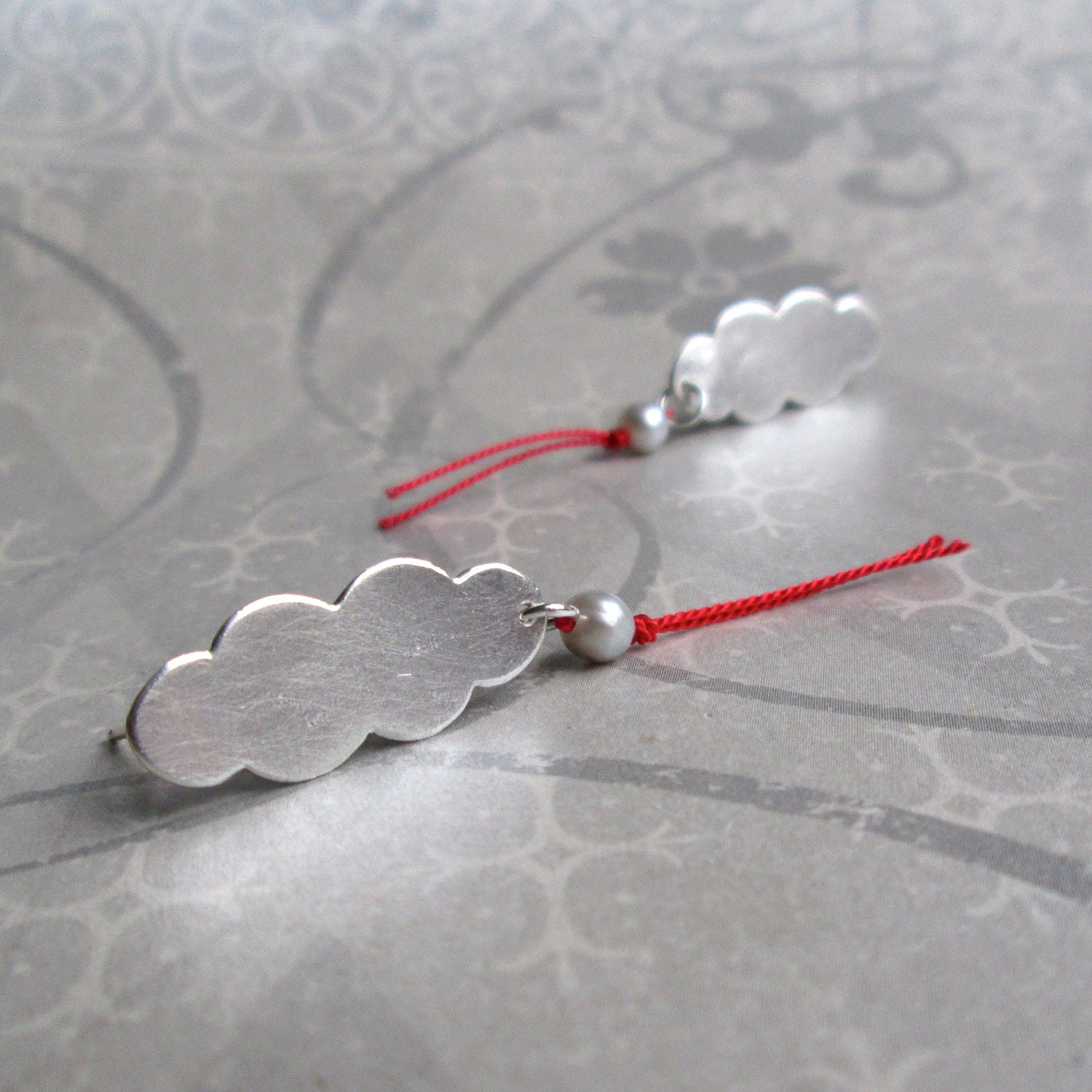 EARRINGS sterling silver oval smoke plumes with pearls and red silk thread