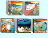 Fridge Magnets set of 5, Cat Mermaid Merkitty from art paintings Wood tile 1x1 by L.Dumas