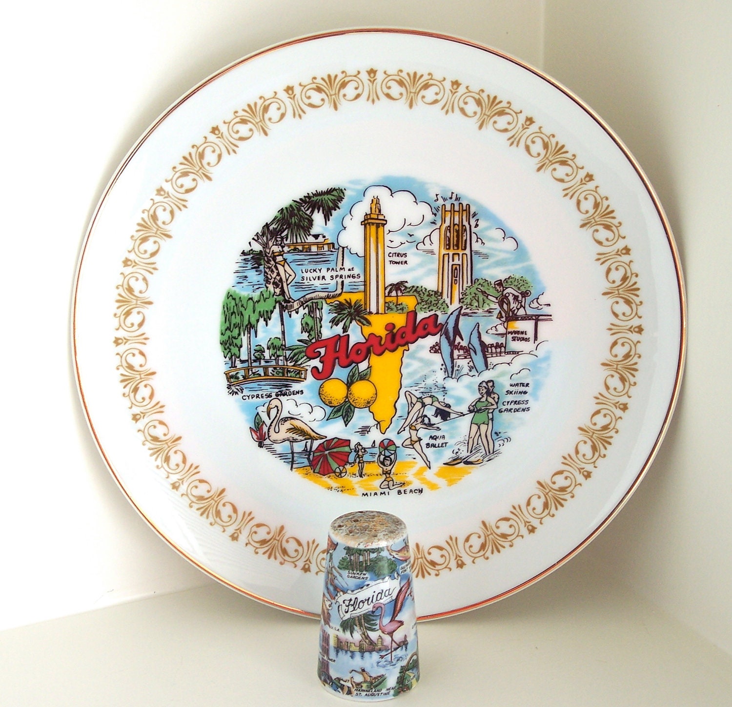 Vintage Mid Century Souvenir Set Florida Plate and Shaker Retro Decor