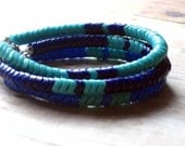 Chevron Tribal Bracelet SET in shades of Blue - African Snake Trade Beads, Vintage - Indigo, Teal  Blue - Boho Bohemian Unisex