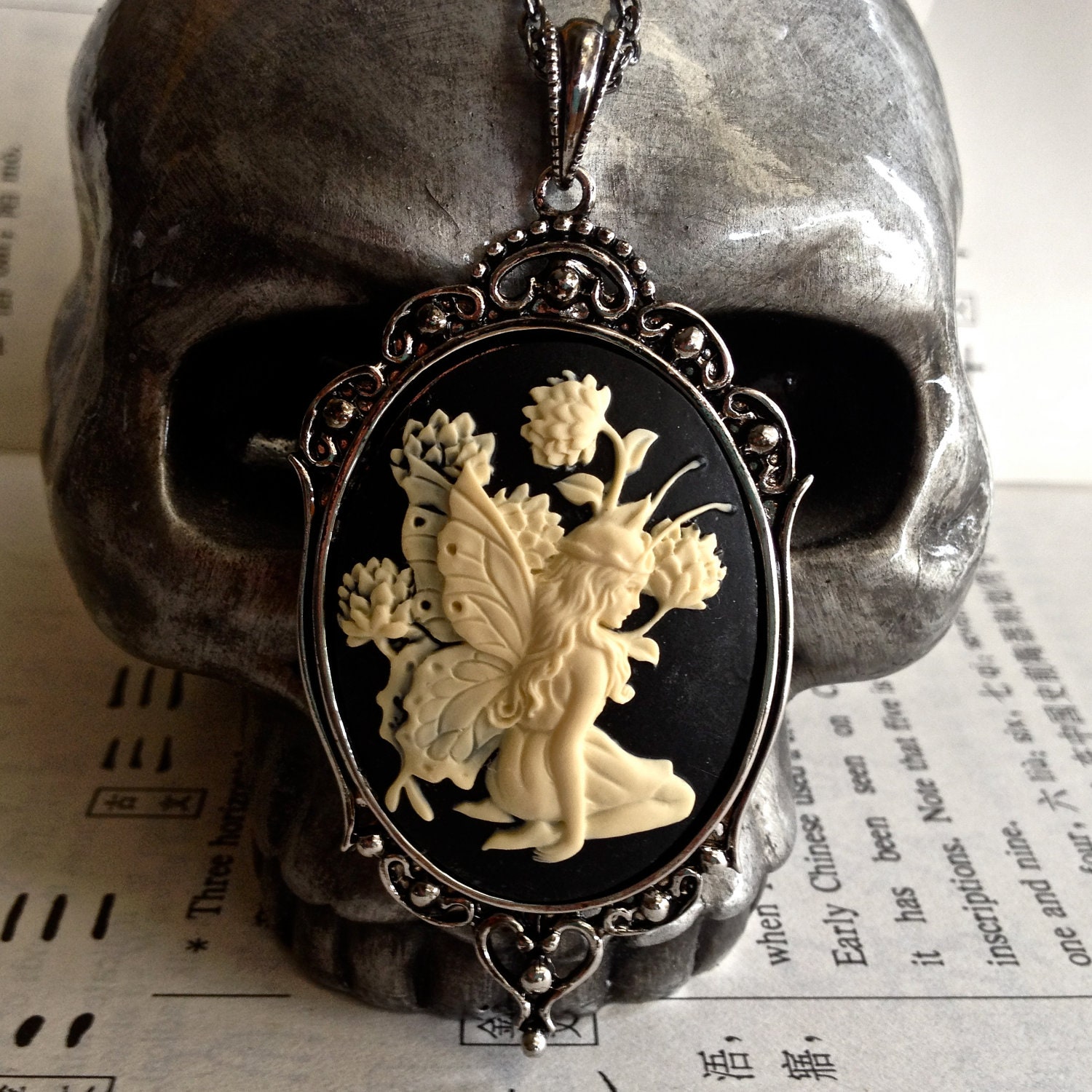 NEW - Shaylee Gothic Necklace - Ivory Black Fairy Cameo 40x30mm