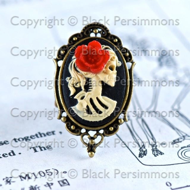 HOLIDAY SPECIAL - Miss Skeleton Gothic Ring - Girl Zombie Lady Skull Cameo - 4 Different Flower Colors - Free Domestic Shipping