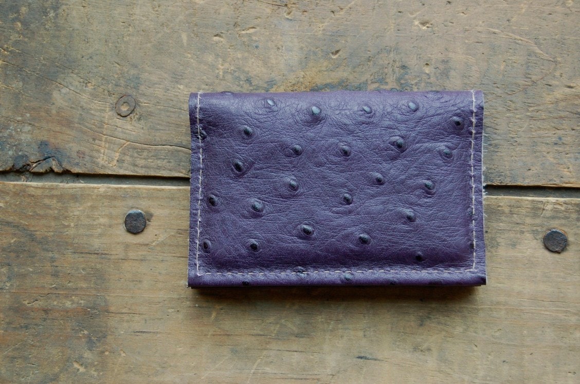 ostrich stamped purple repurposed leather card wallet