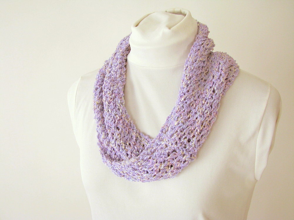 Lavender Infinity Summer Scarf - Handknit Cotton Lace Twist Scarf