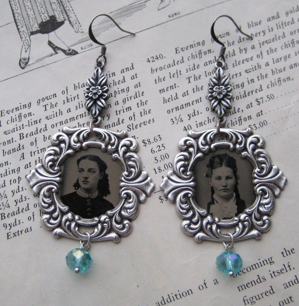 Antique tintype earrings ornate repousse SILVER findings blue glass beads gem tin types