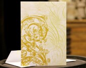 Elegant Fluer de Lis Swirl Note Card Blank Folded Mustard Gold