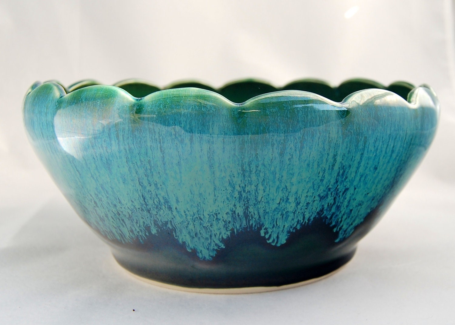Teal and Green Scalloped Bowl - Ceramic Pottery Stoneware - StoneLotusPottery