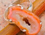 One of a kind peach geode slice stone 925 silver ring - US size 9 OOAK