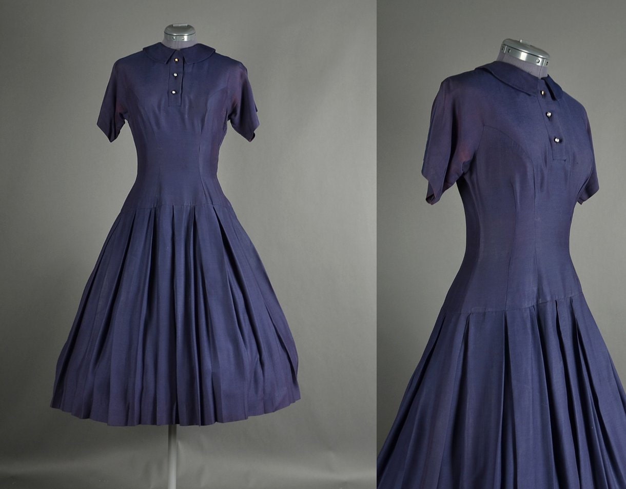 1950s Dress full skirt navy drop waist rhinestone cotton day dress