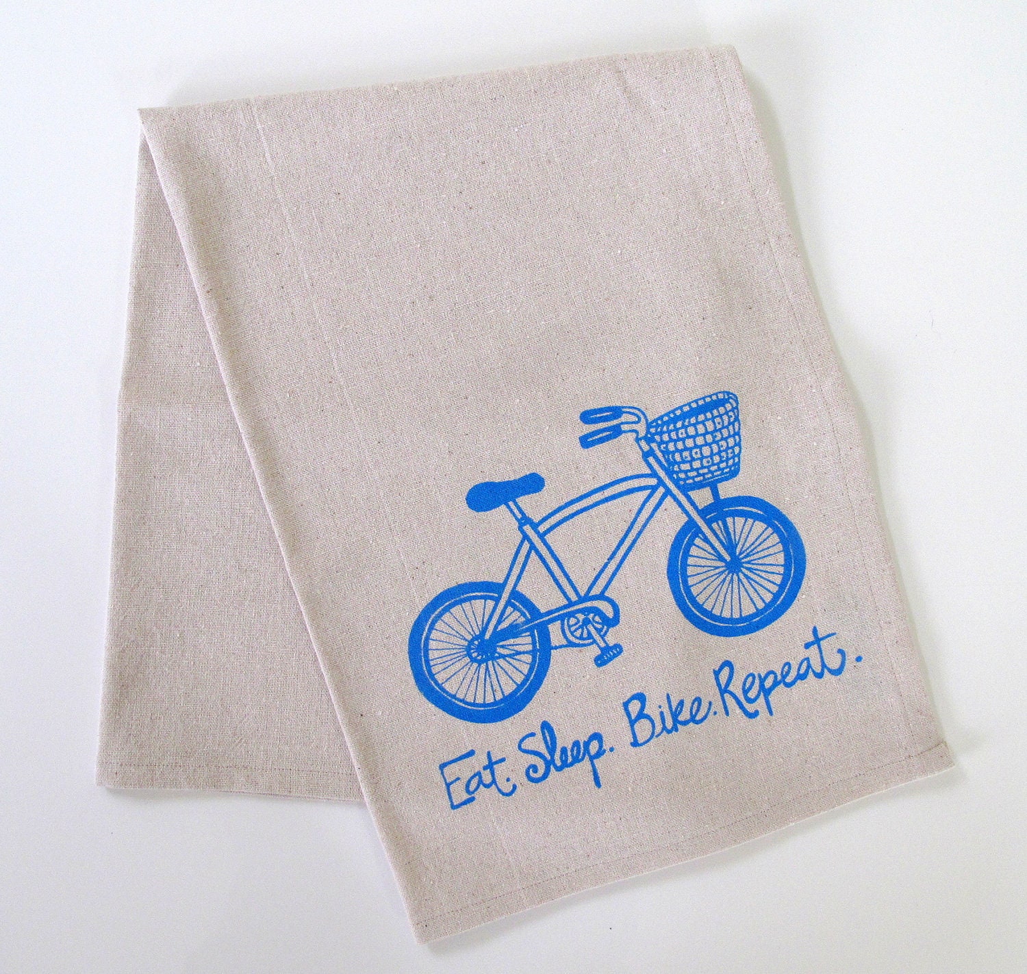 Cotton Kitchen Towel Tea Towel -Bike with Basket - Eat. Sleep. Bike. Repeat. in Peacock Blue