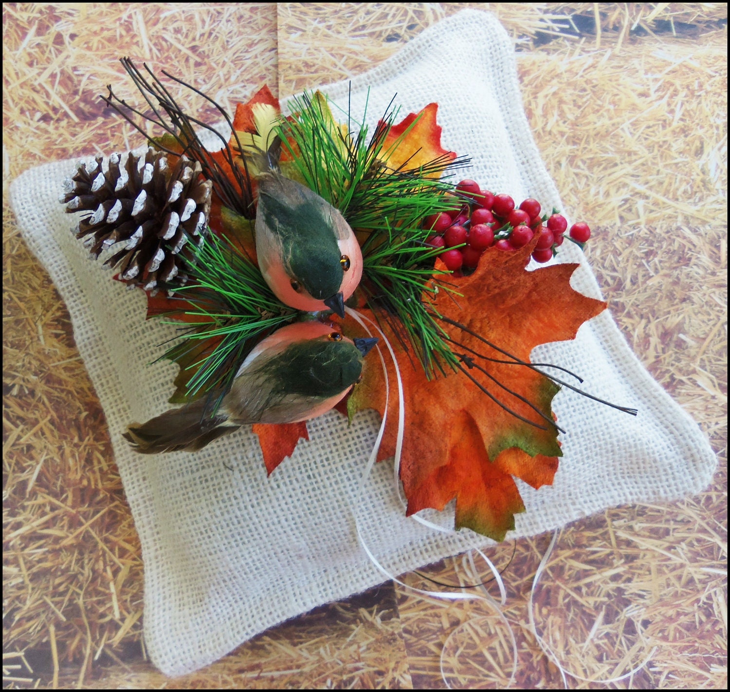 Rustic Love Birds Wedding Pillow, Burlap Ring Pillow, Fall Leaves Weddings, Woodland Rustic Weddings
