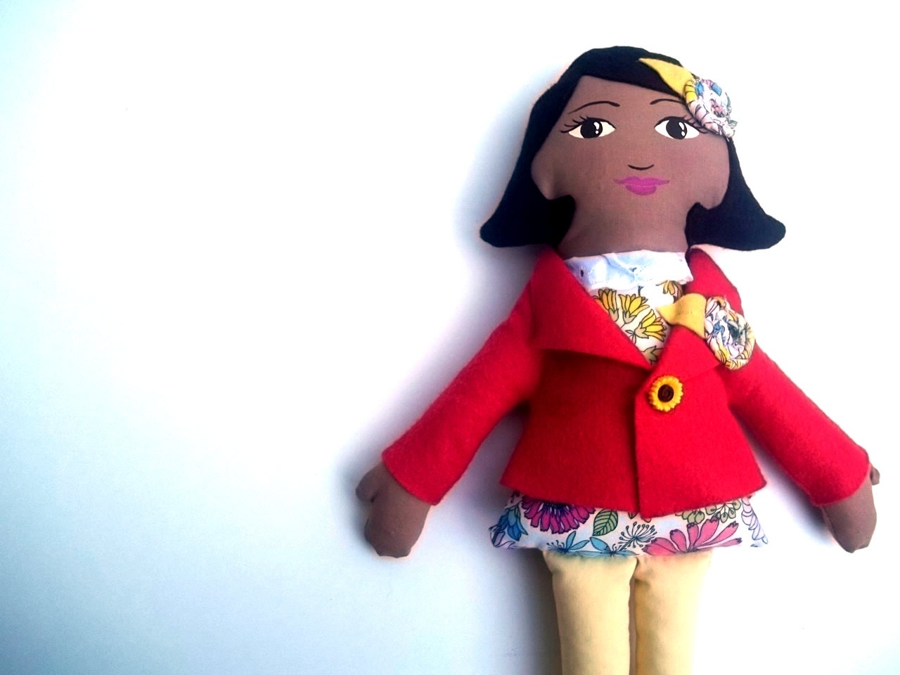 Cloth Doll, Rag Doll with Coral Pea Coat, Ethnic doll