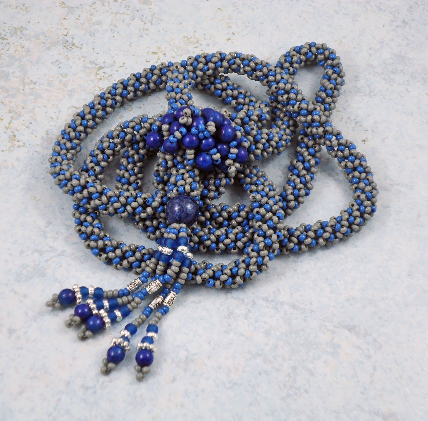 Spiral Rope Tassel Beadwork Lariat Necklace Gray Blue - TinksTreasure
