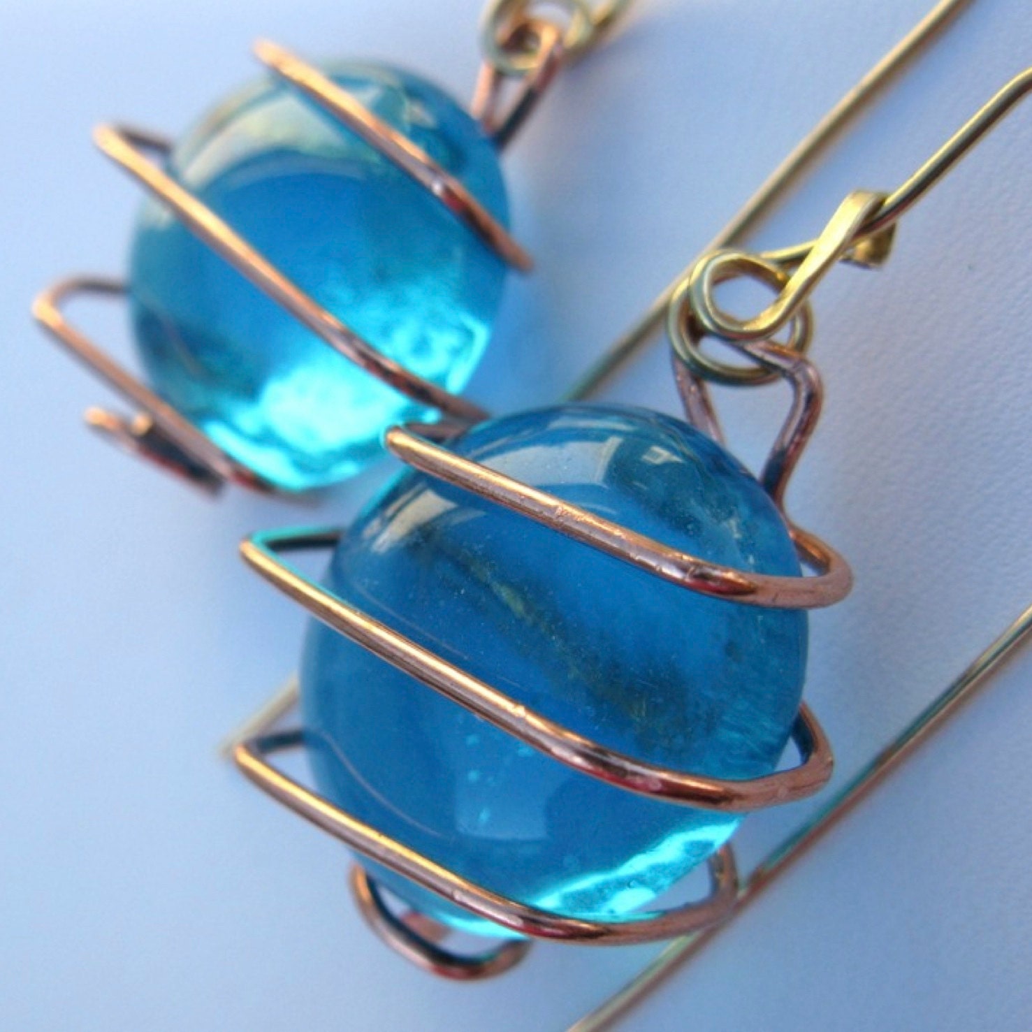 sale. MEDITERRANEAN. turquoise glass. copper and brass wire wrapped earrings