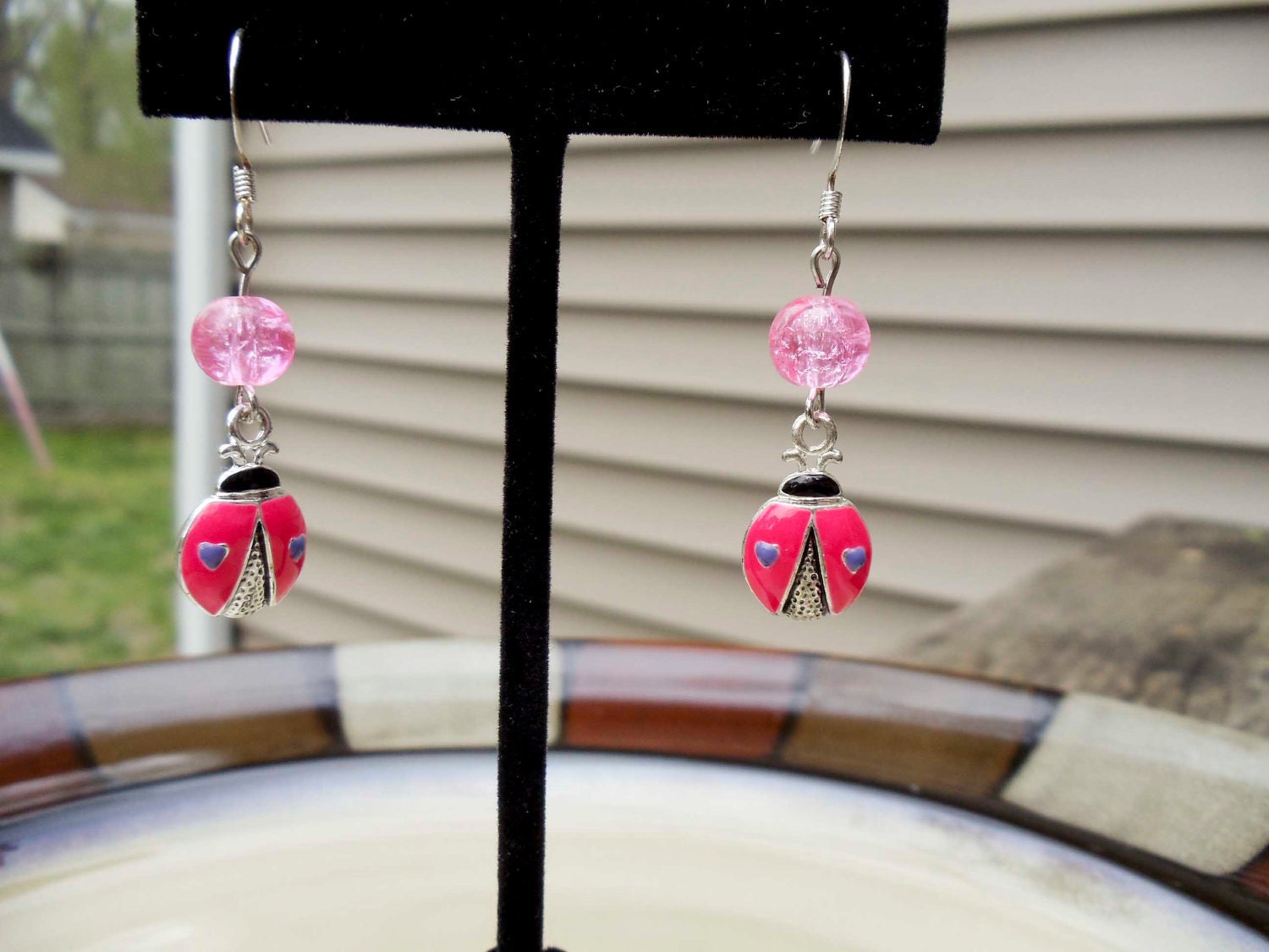 Pink Ladybug dangle earrings handmade