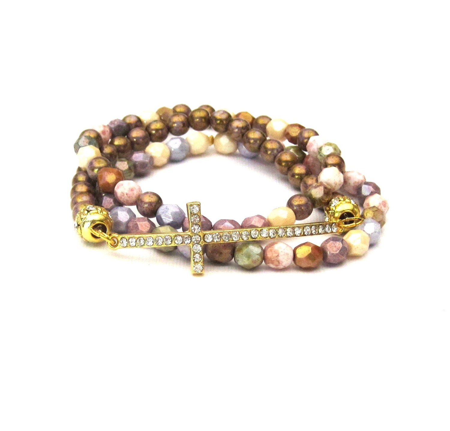 Rhinestone Sideways Cross Stretch Stack Bracelets with Czech glass beads gold, earth tones and pastels Set of 3