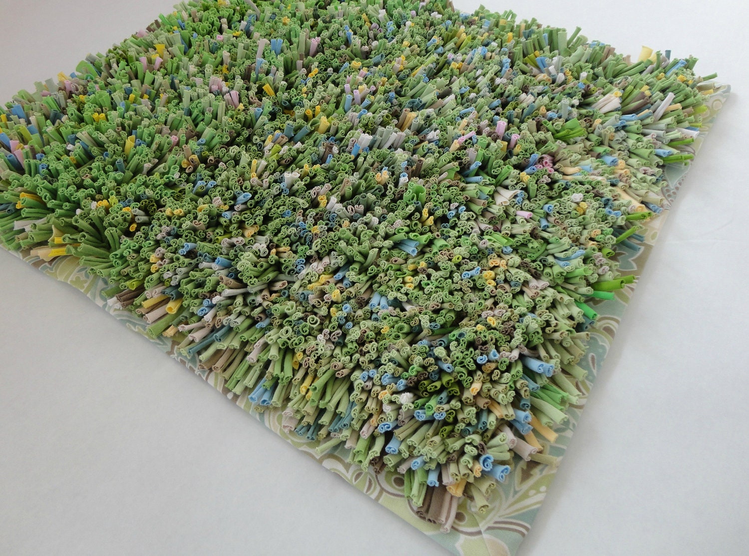 HANDMADE upcycled t-shirt RUG - ready to ship (multi green / retro paisley border)