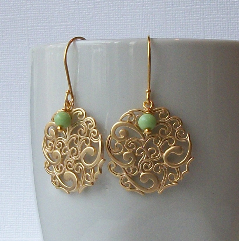 Vintage Green and Gold Pendant Dangle Earrings, Eco-Friendly Earrings