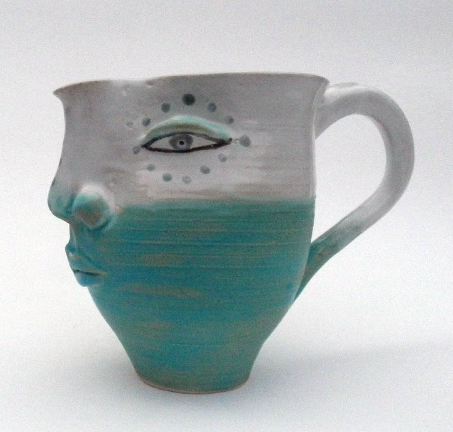 Pitcher- Face Character in Turquoise and White- Amusing- Folk Fantasy