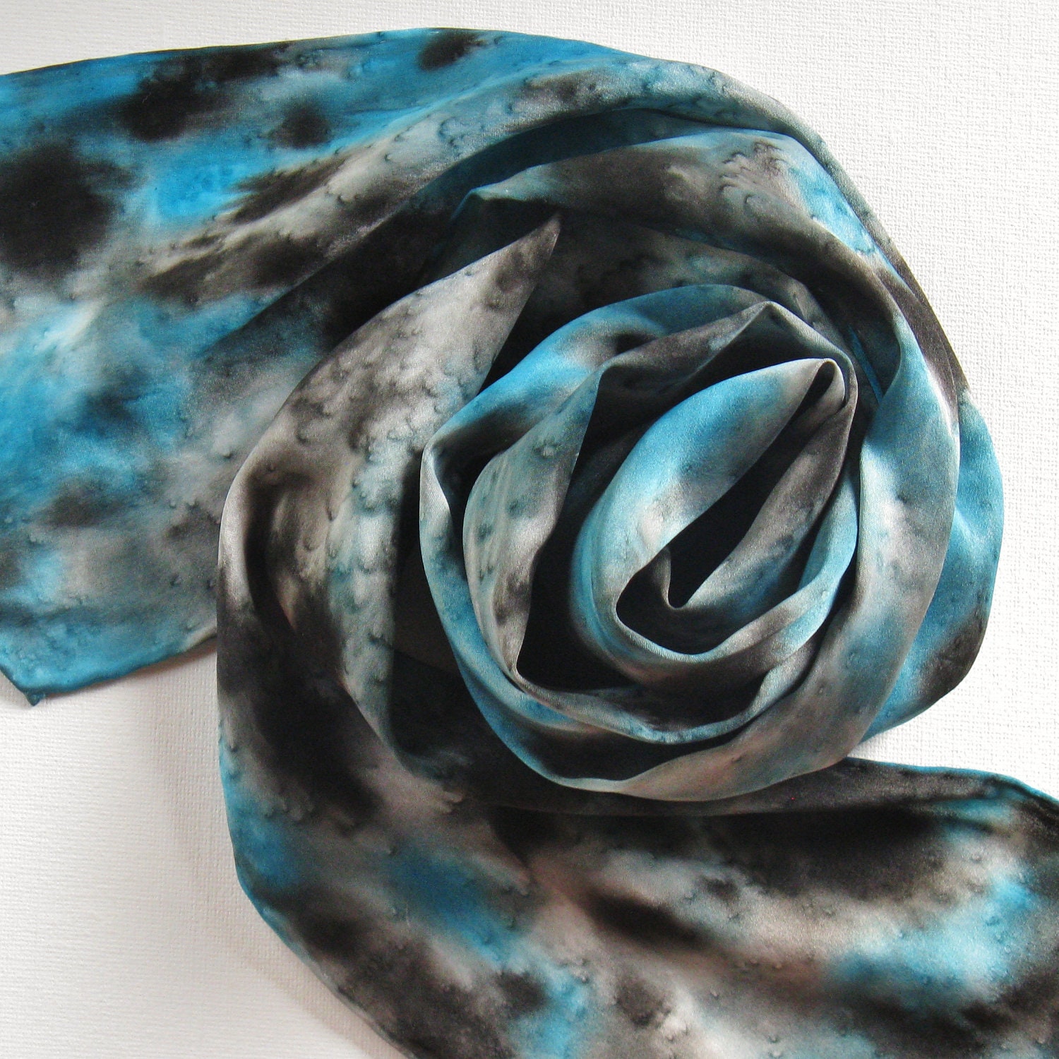 Silk Scarf - Moonlit - Hand Painted Ladies Skinny Scarves Belt Sash Black Gray Grey Turquoise Teal Blue White