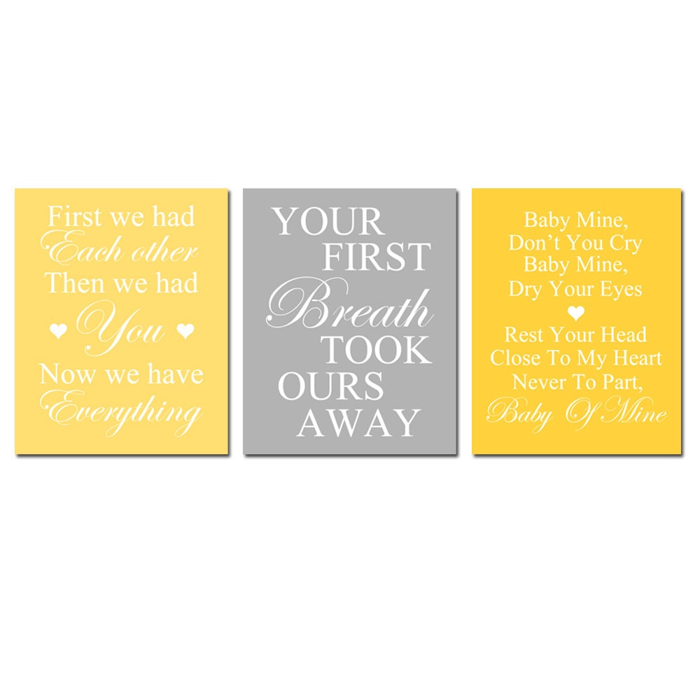 Modern Nursery Typography Quotes - Set of Three 8x10 Prints - First We Had Each Other - Your First Breath - Baby Mine - Choose Your Colors