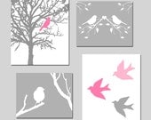 Modern Nursery Prints - Bird Quad - Set of Four Prints - 11x14 and 8x10 Mix - Choose Your Colors - Shown in Gray, Yellow, Pink, and More