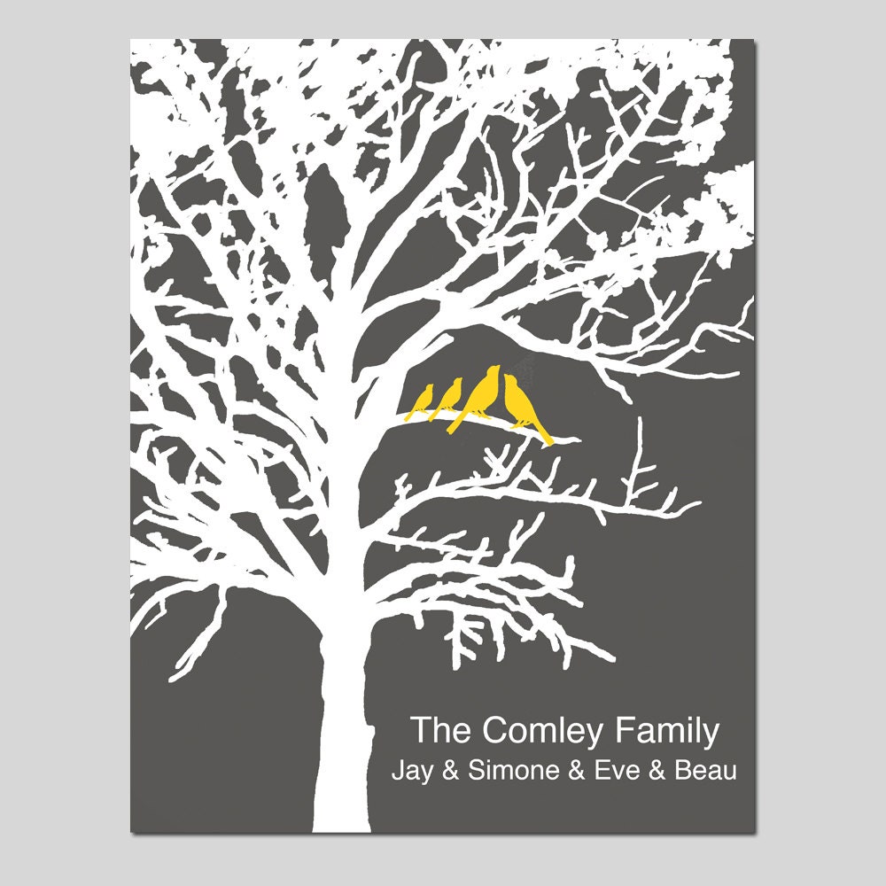 Family Established Personalized Print - 11x14 - Bird in a Tree -  Your Choice of Color and Names
