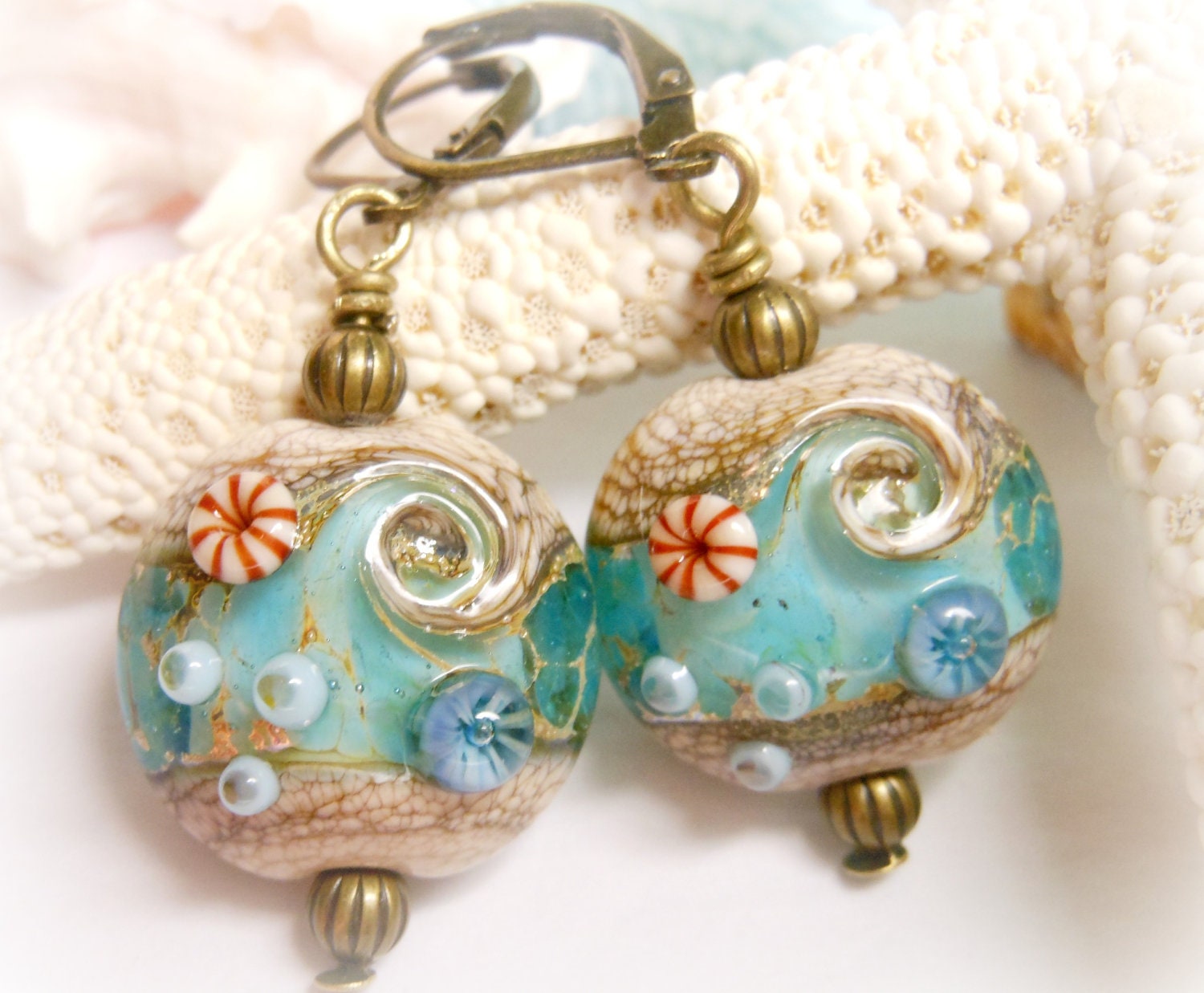 Ocean Beach Sea Shell Seashell Lampwork Glass Bead Beach Summer Vacation Sand Waves Blue Handmade Lampwork Earrings