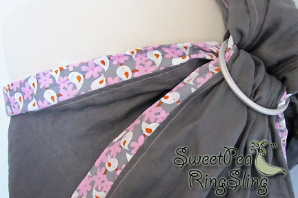 SweetPea Ring Sling Baby Infant Carrier Wrap Pouch Reversible XL Gray Linen Double Layered with Accent Rails Get Together Bird Fabric Pink