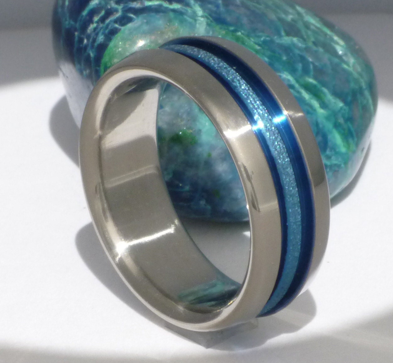 Thin Blue Line and Frost Titanium Wedding Band - b16