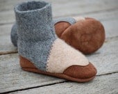 Baby Slippers, Wool Baby Shoes, Leather Soles, size 0-12, 6-18, 12-24 months, Sound of Rain