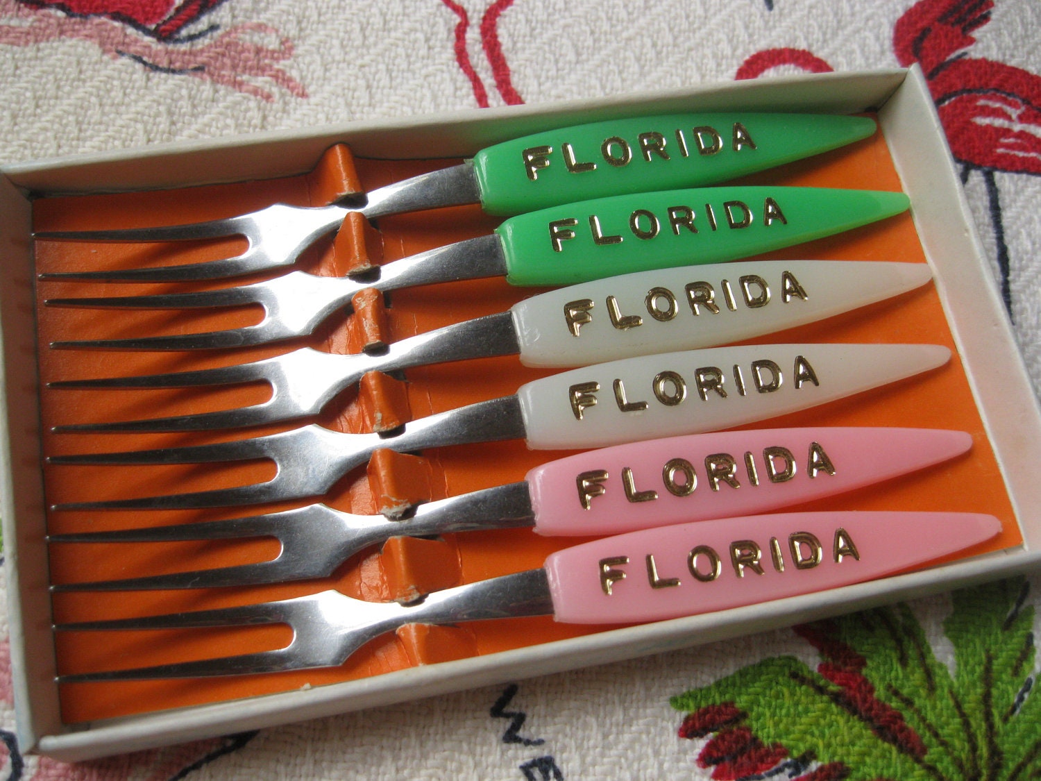 Sets of 6 cool 1960s Florida tiny forks -  pink green and ivory plastic and stainless steel