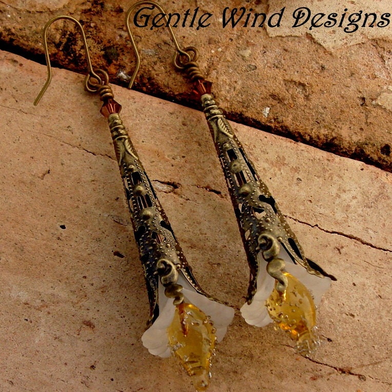AMBER FLOWER - Handmade Lampwork Beads, Antiqued Brass Feligree, Swarovski Crystal