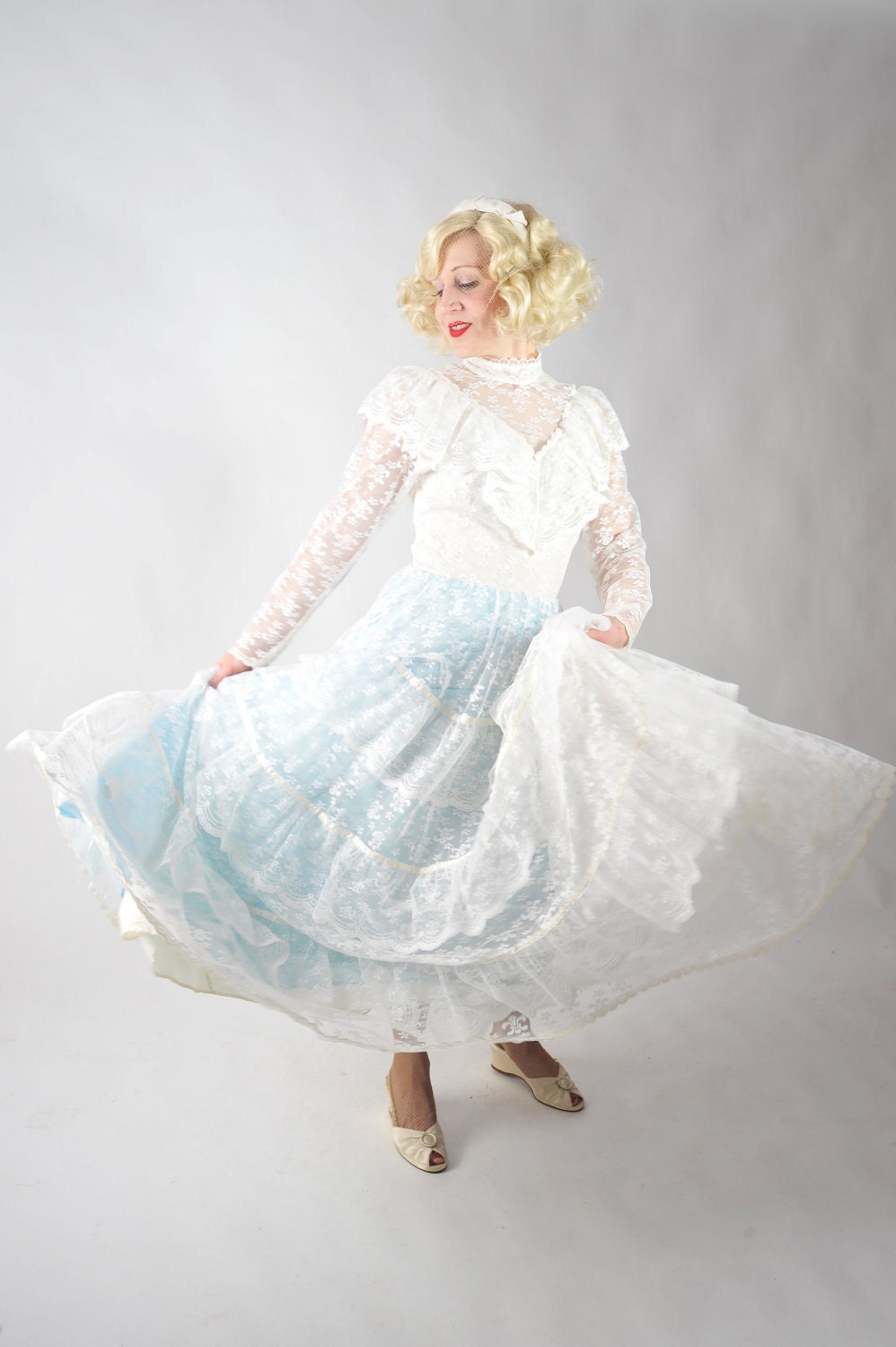 Vintage 1970s Wedding Gown - Blue and White Bohemian Bride Renaissance Lace Wedding Gown
