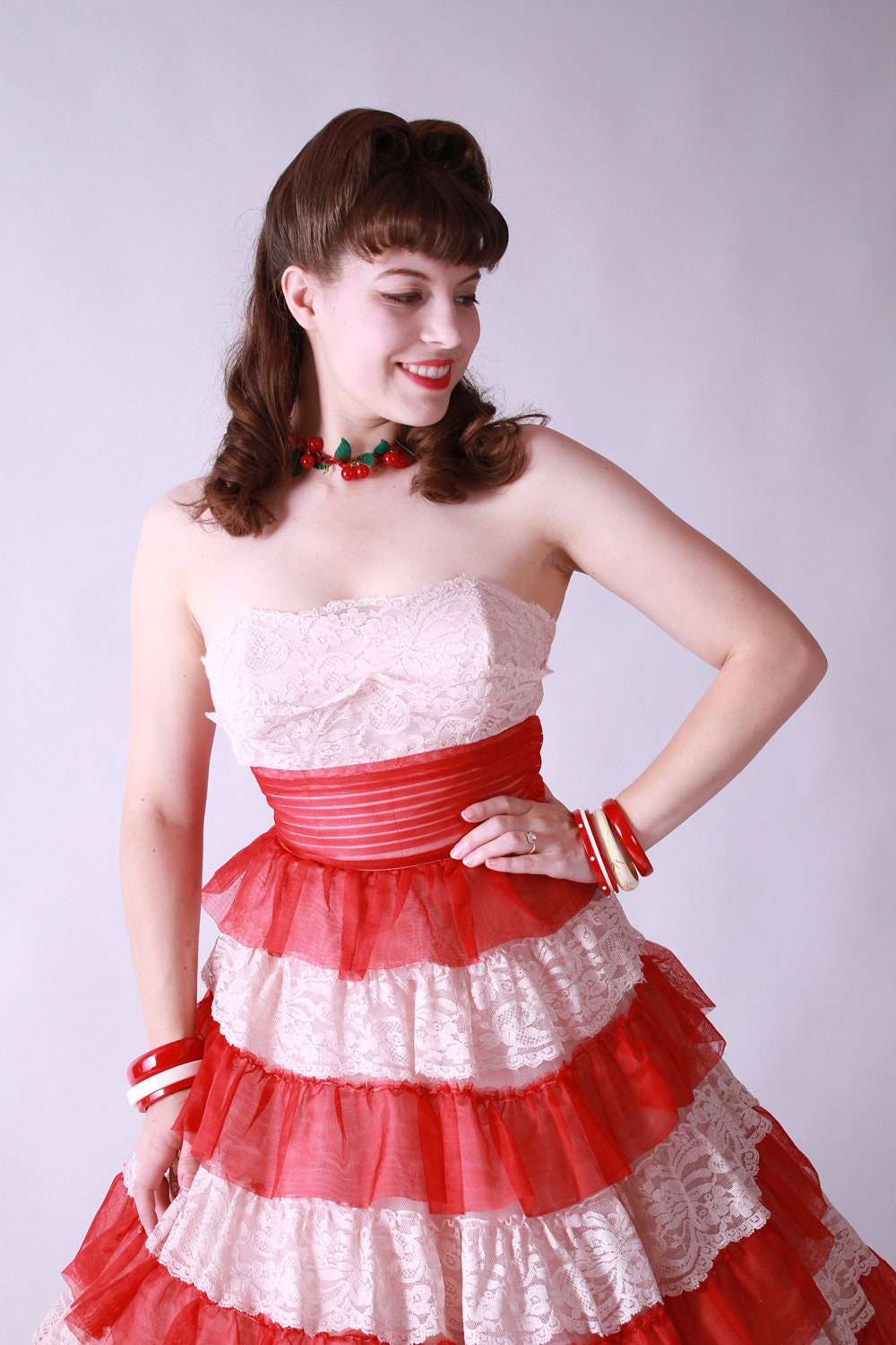 Vintage 1950s Party Dress - Red and Pale Pink Tulle Cupcake Princess Strapless Party Wedding Dress Tea Length