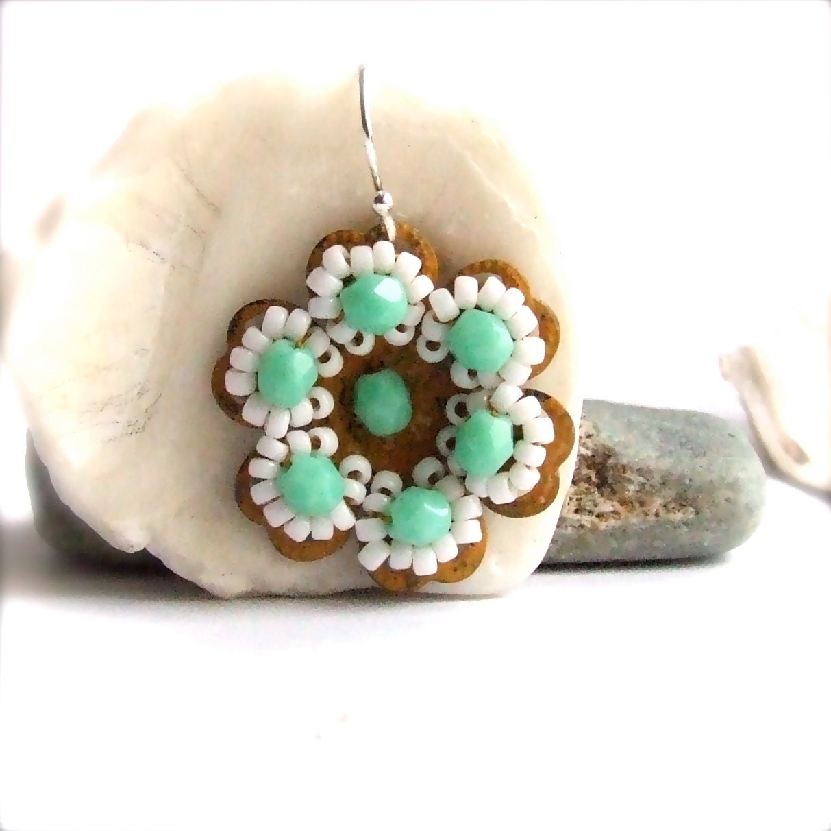 Mustard Patina, Glass Beaded, Flower -Beadwoven Earrings -Petalage in Mint, White and Mustard -Jewellery