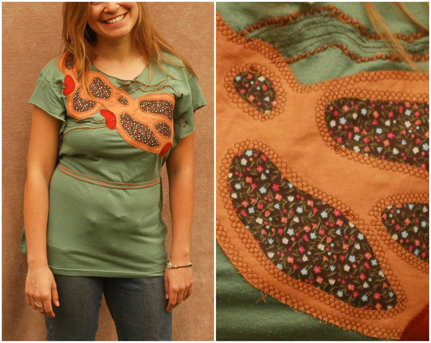 Upcycled hippie tunic - spring top women clothing gypsy bohemian embroidery boho nomad applique shirt tee science- medium