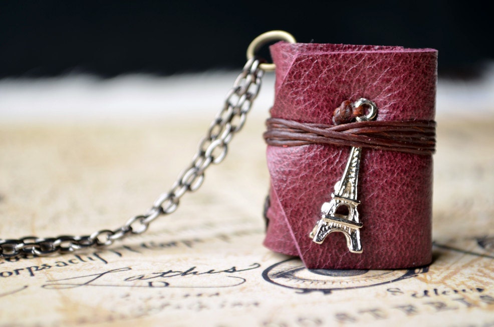 MiniatureBook Necklace Eiffel Tower & Purple grapes Color leather