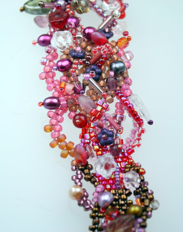 Beadwoven bracelet, Freeform pink and purple beadwoven OOAK bracelet, crystals, pearls, pressed glass