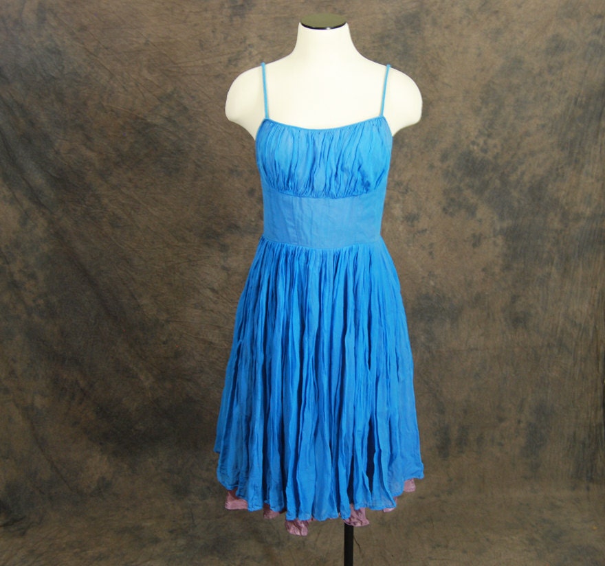 vintage 50s Dress - Cocktail Dress - Blue Silk Formal Dress Sz XS