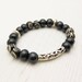 Carved Bone Statement Bracelet In Sterling Silver / tribal bohemian African inspired / black cream circles geometric beaded