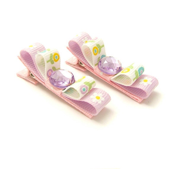 Spring Flower Hair Clips for Girls, Fancy Tuxedo Bow Clips, Mini Double Hair Bows, Lavender, Pink, Yellow, English Floral Bows
